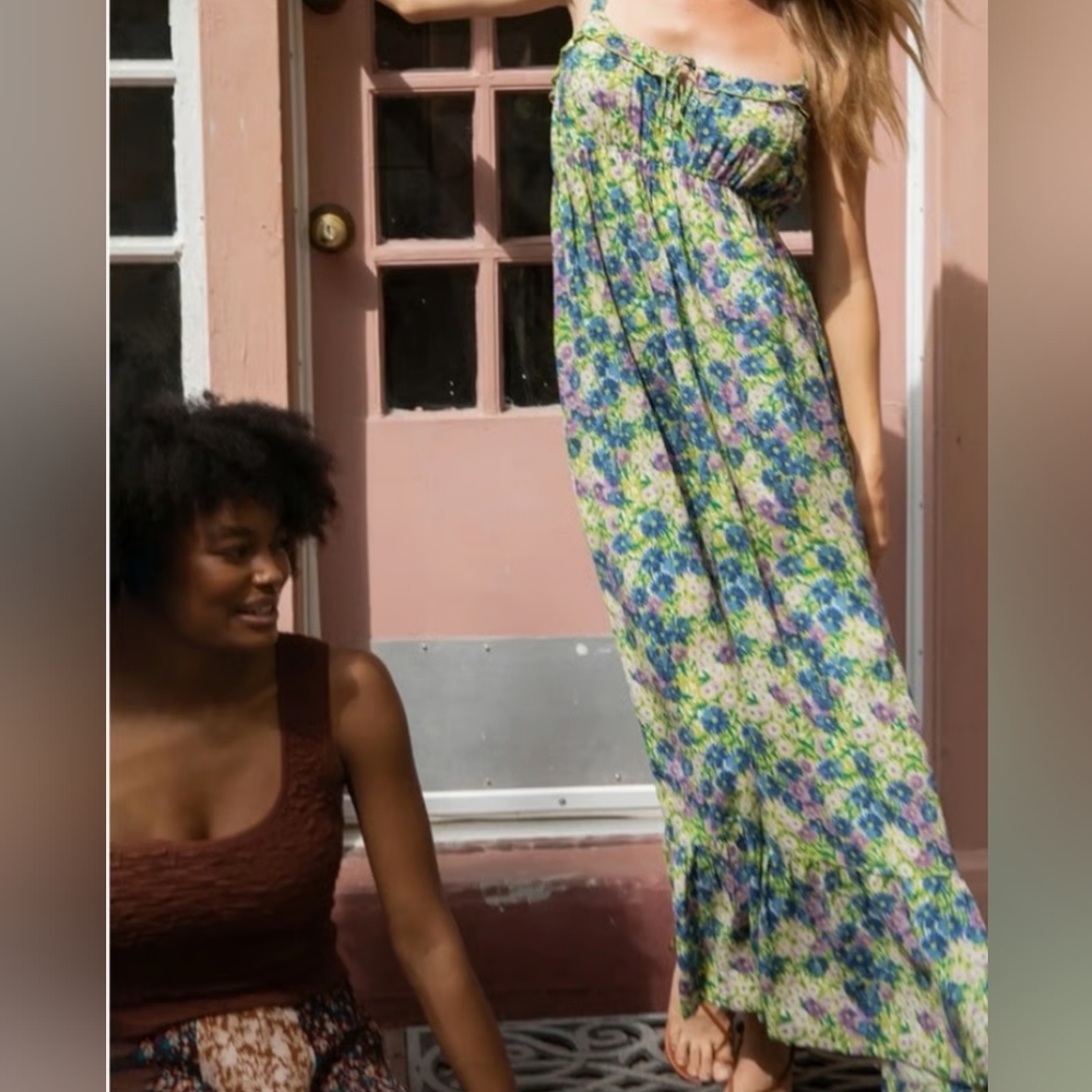 Natural Life Elizabeth Floral Sun Maxi Dress XL Lime Green Sleeveless Bohemian